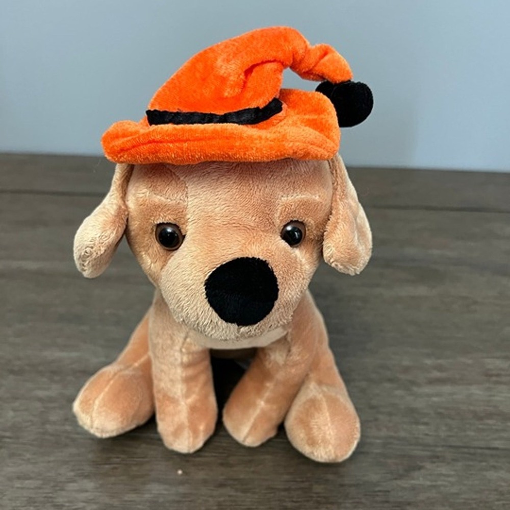 Plushland Halloween Puppy Dog Stuffed Animal Tan with Orange Witch Hat 6.5"